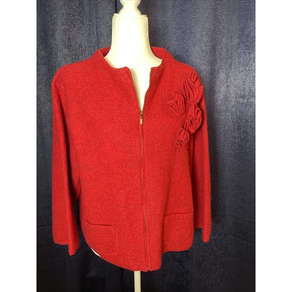 Ruby Rd. Red Wool Zip Up Cardigan Jacket Blazer L Large Woman’s Floral Pockets - Picture 5 of 7